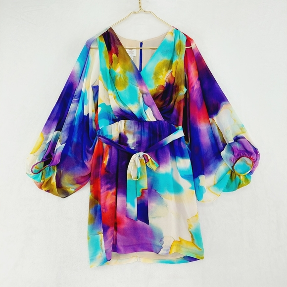 Suzi Chin Watercolor Abstract Chiffon Layer Open Sleeve Knee Length Dress P6702 - Picture 2 of 10